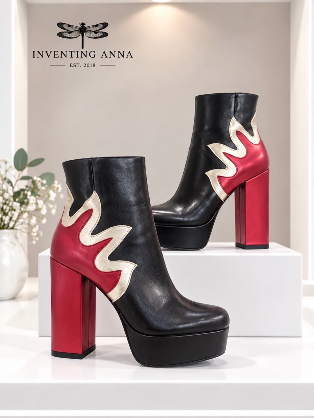 Forever 21 Black Platform Ankle Boots Red Gold Flame Heels size 8